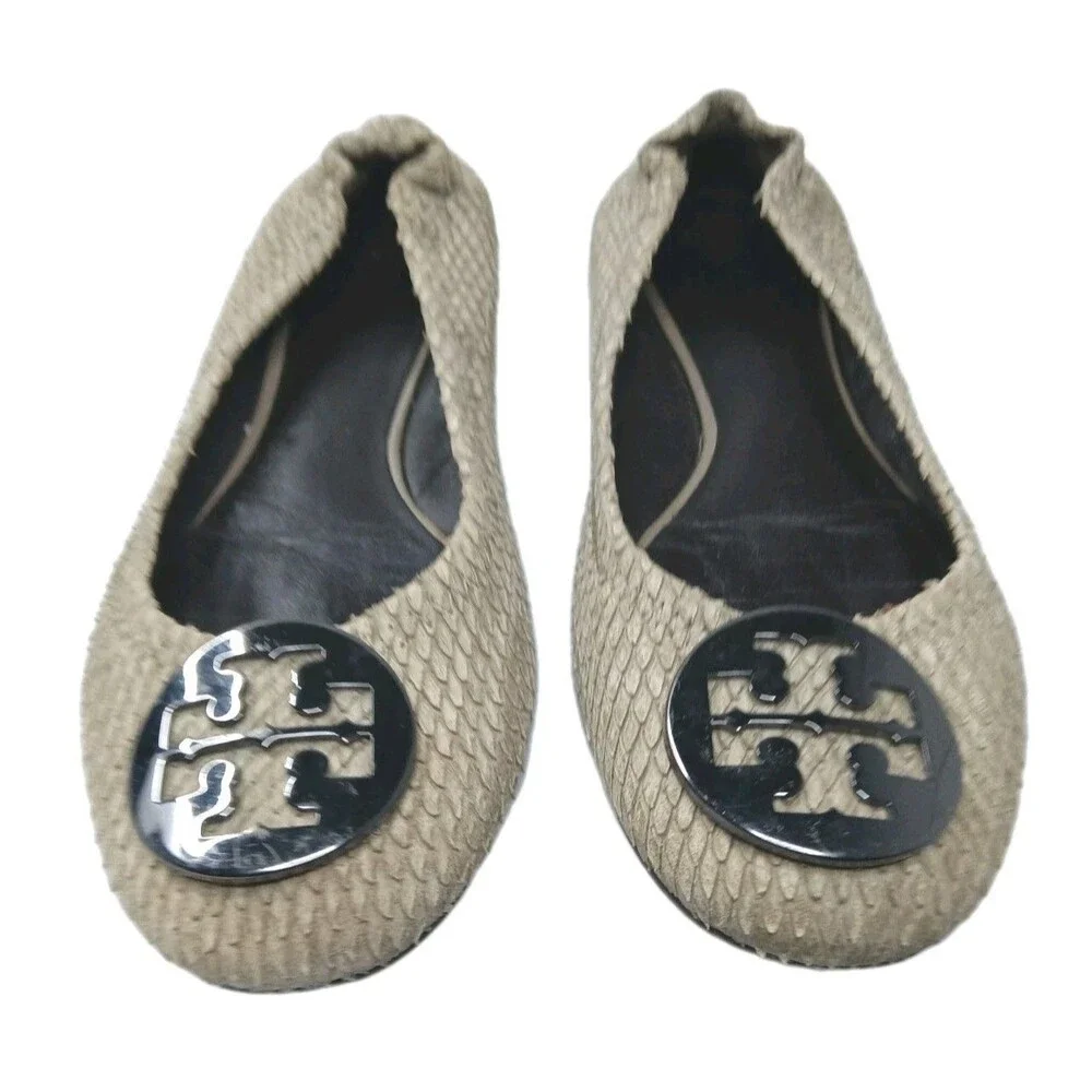 Tory Burch Reva Flats Shoes Women's Size 6.5 Gray Distress Leather  Python Print